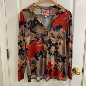 Johnny Was Claret Long Sleeve Swing Polo Tee in XS - Boho Chic Style